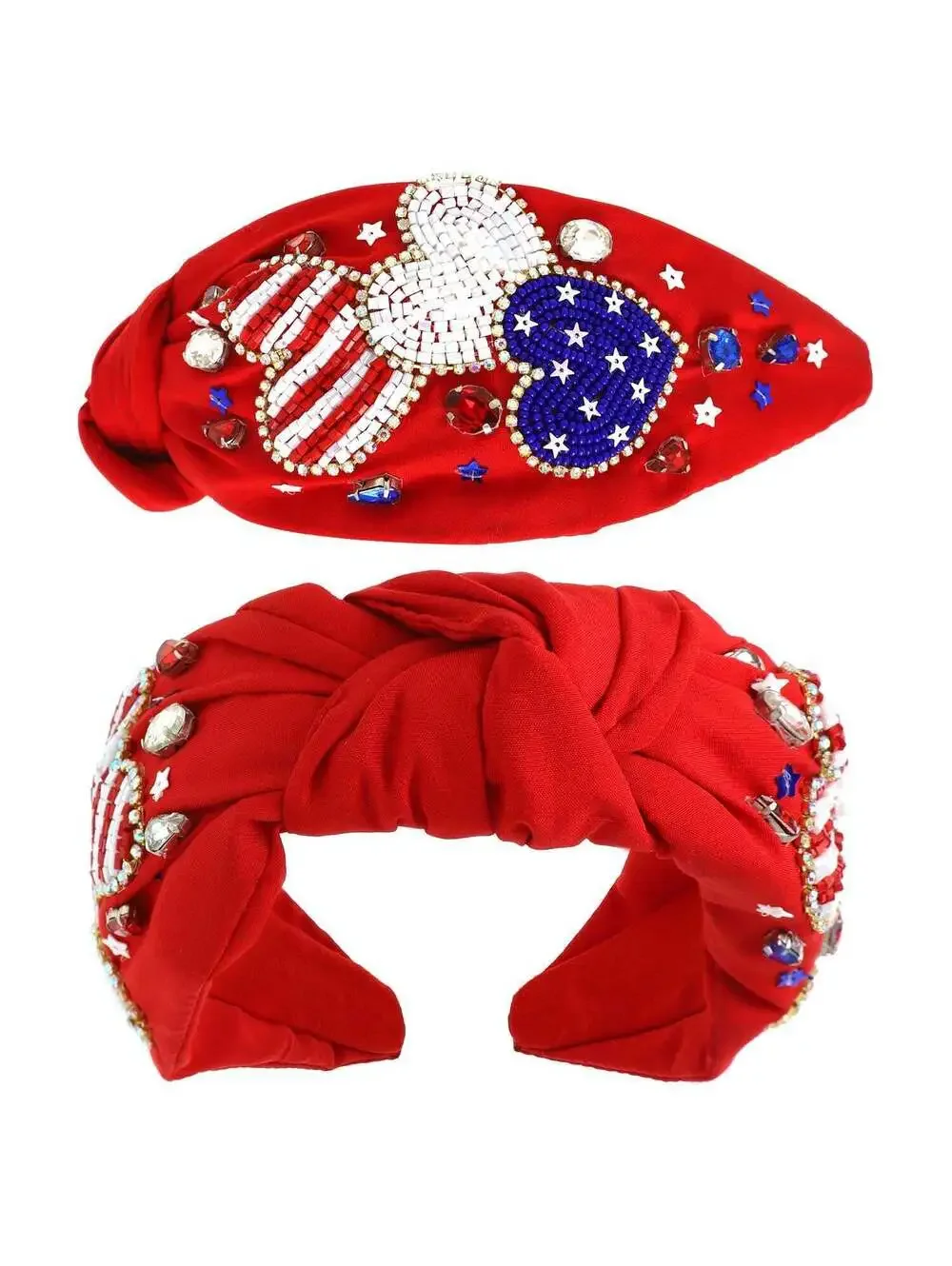 Patriotic USA Jeweled Beaded Knot Headband Red
